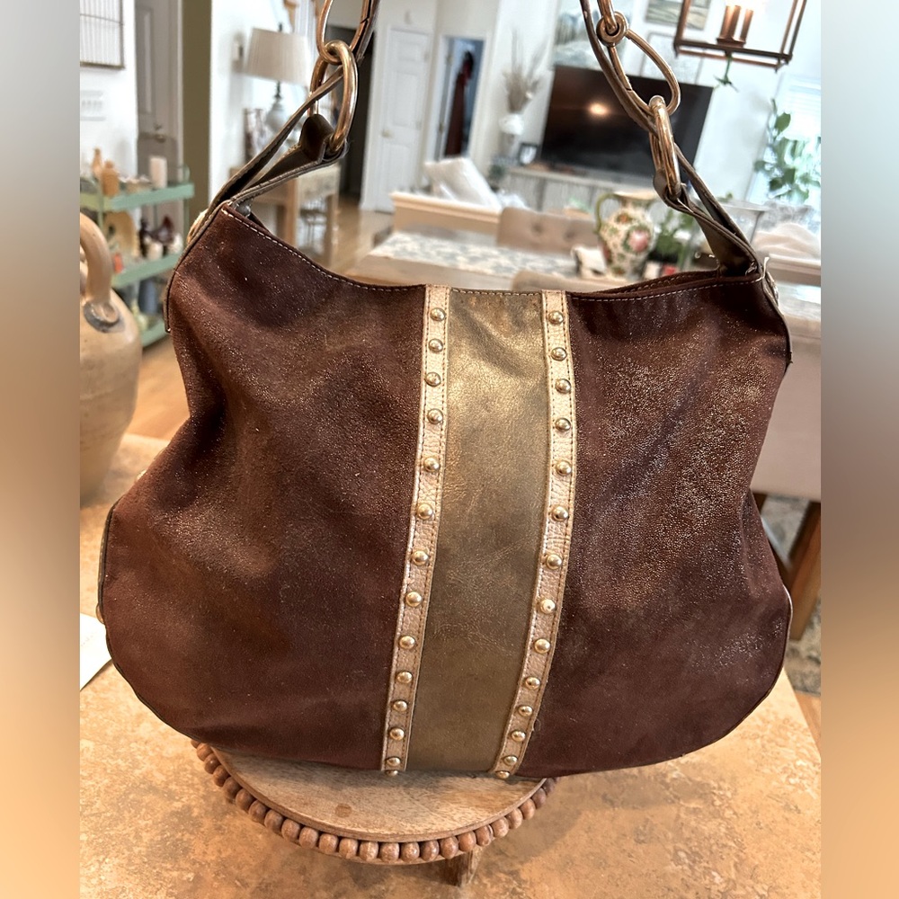 Kathy Van Zeeland Brown and Gold Shoulder Bag
